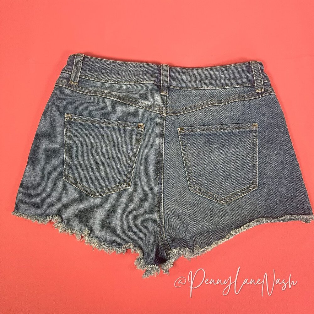 Sincerely Jules Distressed Raw Hem high Rise Denim Jean Shorts - Picture 4 of 7